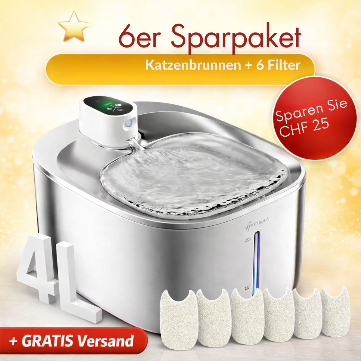 Kabelloser 4L Edelstahl Katzenbrunnen + 6 Ersatzfilter – Sparpaket