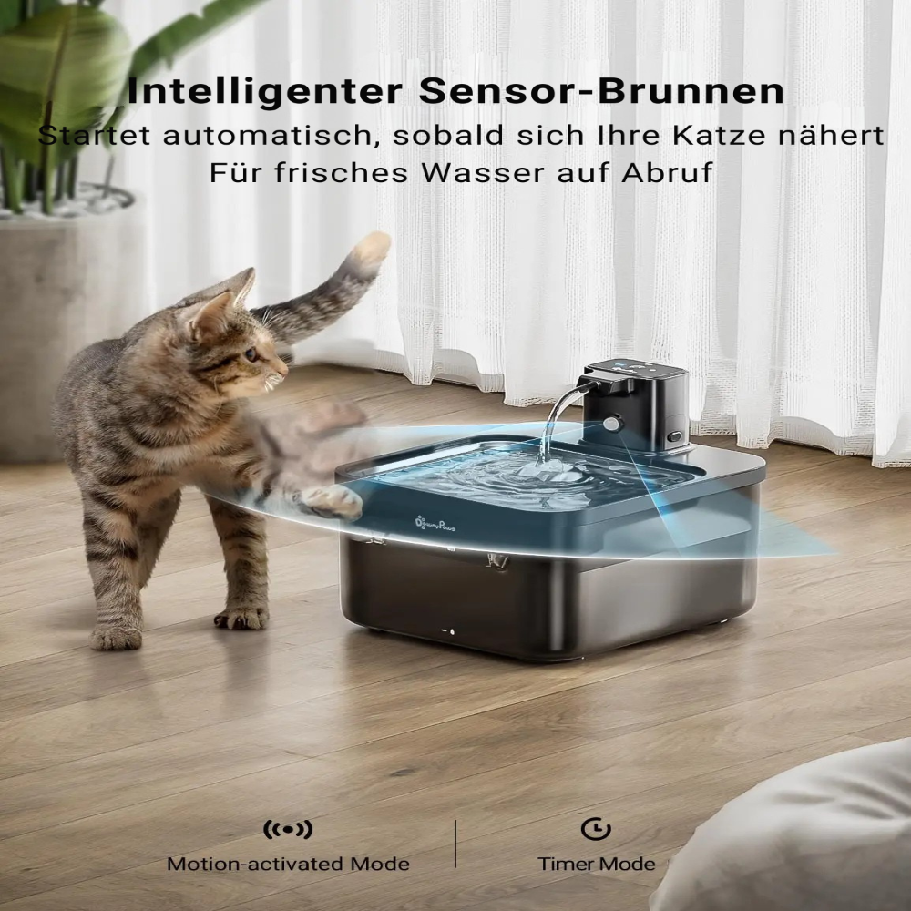 Automatischer Edelstahl Katzenbrunnen 2,5L kabellos mit Akku und Sensor, leiser Wasserspender für Katzen