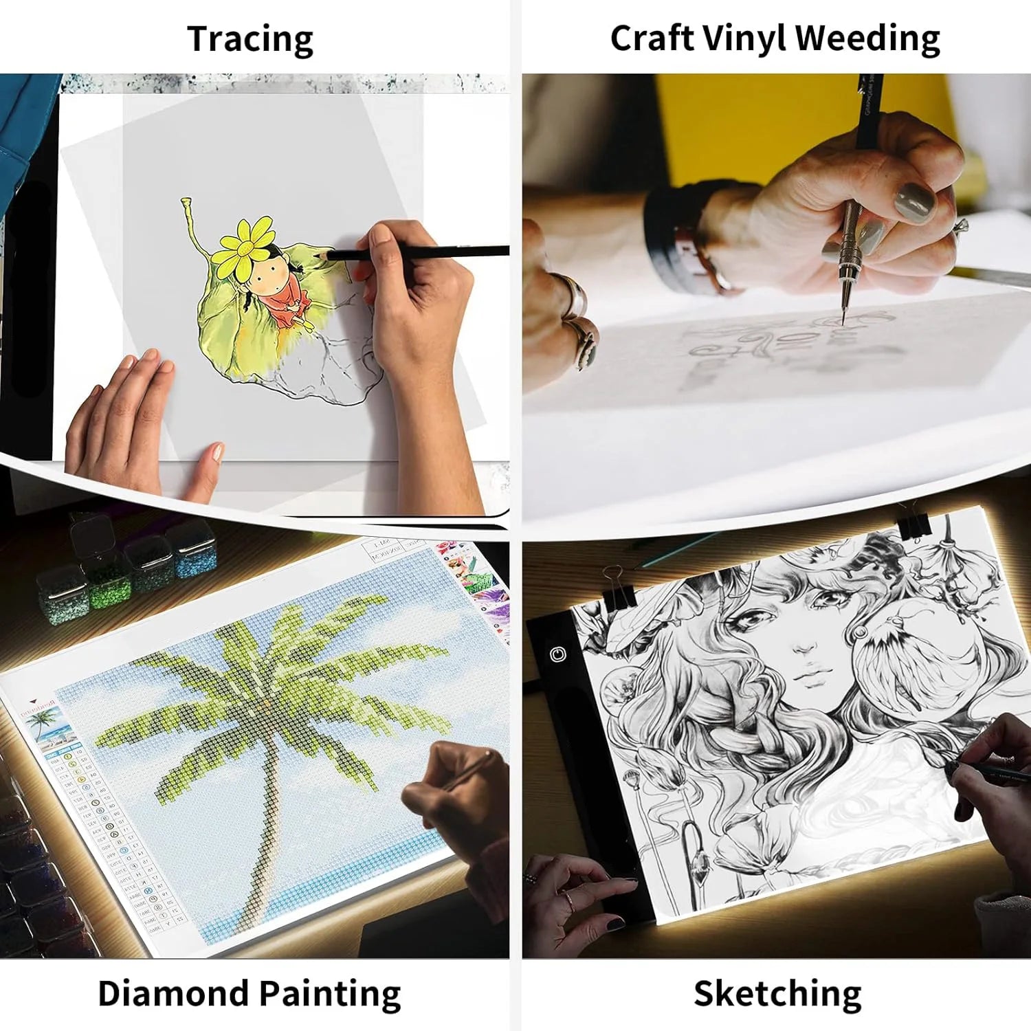 Dimmbares LED-Zeichenbrett mit USB-Anschluss für präzise Kunstwerke und Diamantmalerei.