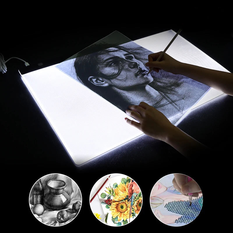 Dimmbares LED-Zeichenbrett mit USB-Anschluss für präzise Kunstwerke und Diamantmalerei.