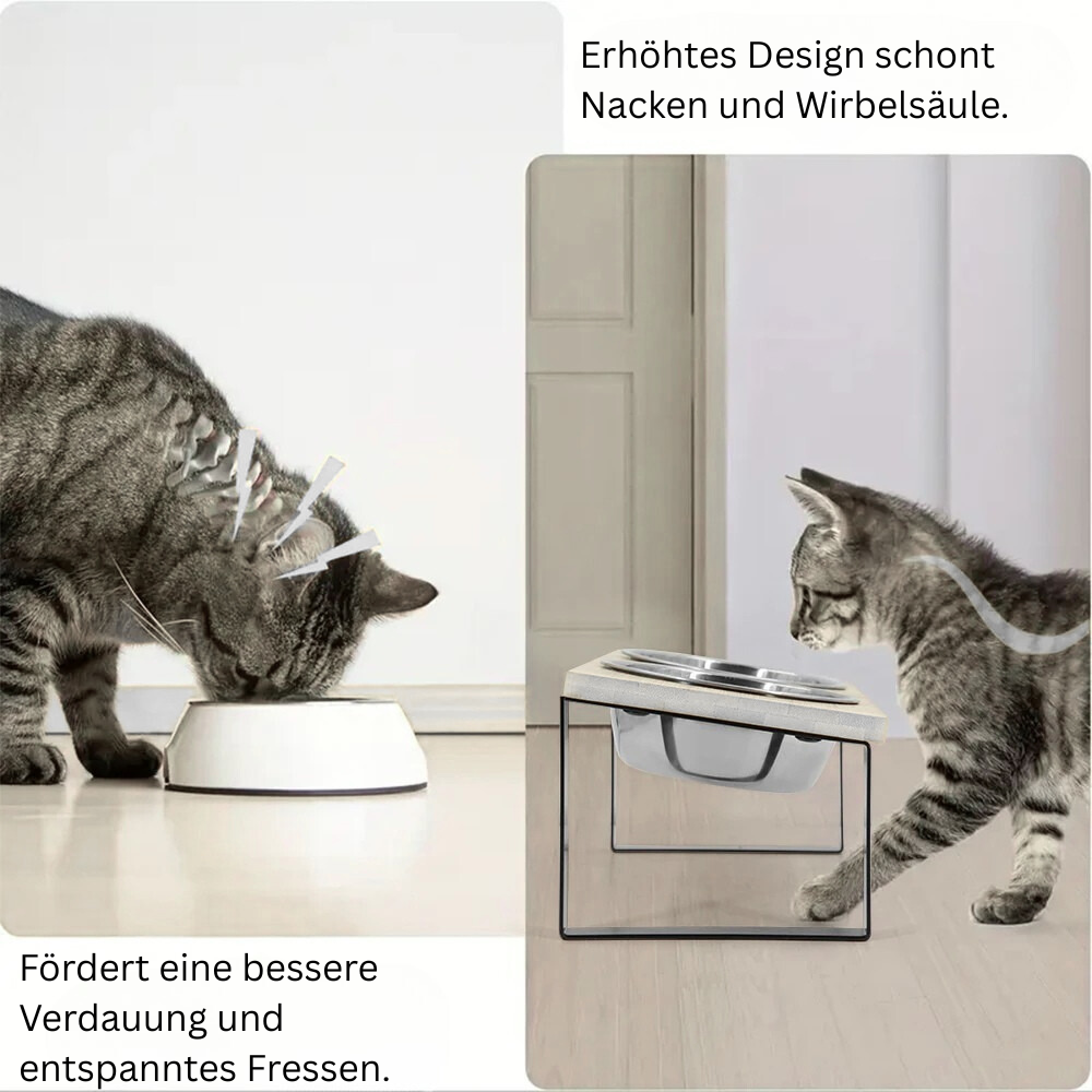 Erhöhter Katzen Futternapf aus Holz und Metall