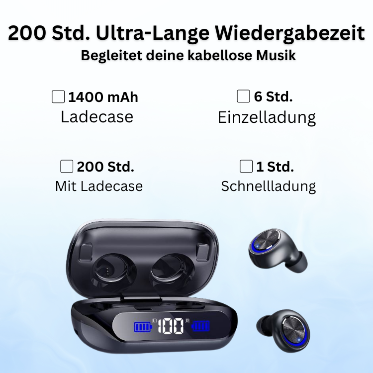 Kabellose Earbuds mit Ladecase, 200 Std Spielzeit, Noise Cancelling, LED-Anzeige