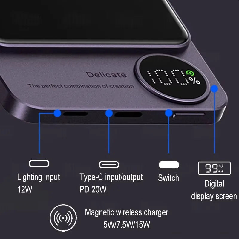 Powerbank mit 15W kabellosem Schnellladegerät, USB-C Anschluss und LED-Display