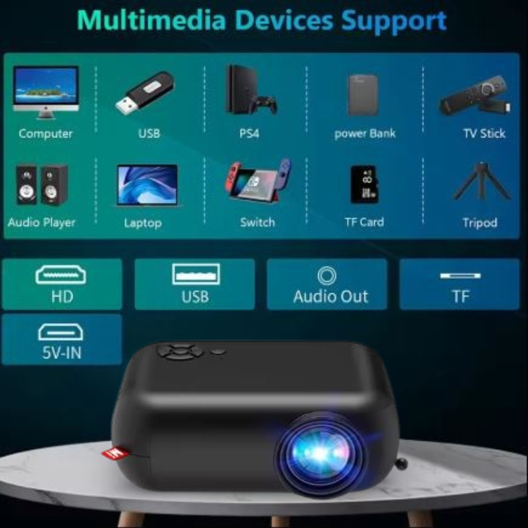 Mini tragbarer 1080p Projektor mit 1800 Lumen für Heimkino, Präsentationen und Unterhaltung – Kompakte Größe, langlebige LED-Lampe, manuelle Korrektur und 360°-Bildumdrehung.