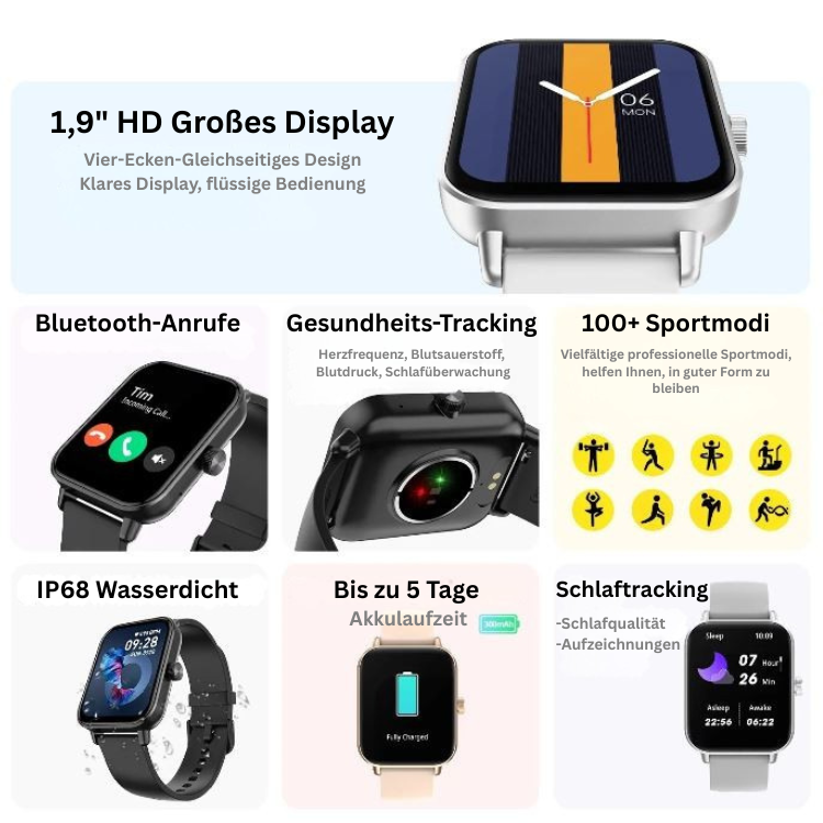 Smartwatch mit 24h Gesundheitscheck, Fitness-Tracking & Anruffunktion