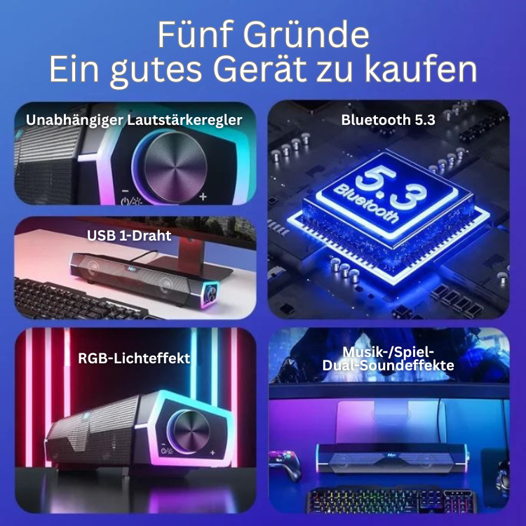 4D Bluetooth Soundbar mit RGB-Licht für PC und Laptop, bietet Surround-Sound