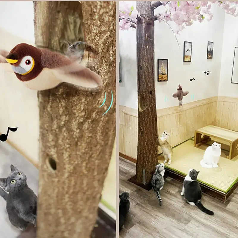 Realistisches fliegendes Vogel-Spielzeug für Katzen mit Geräuschen, ideal für aktive Katzen.