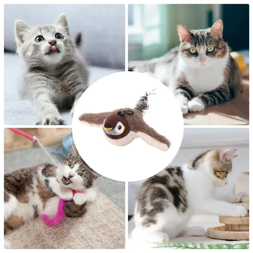 Realistisches fliegendes Vogel-Spielzeug für Katzen mit Geräuschen, ideal für aktive Katzen.