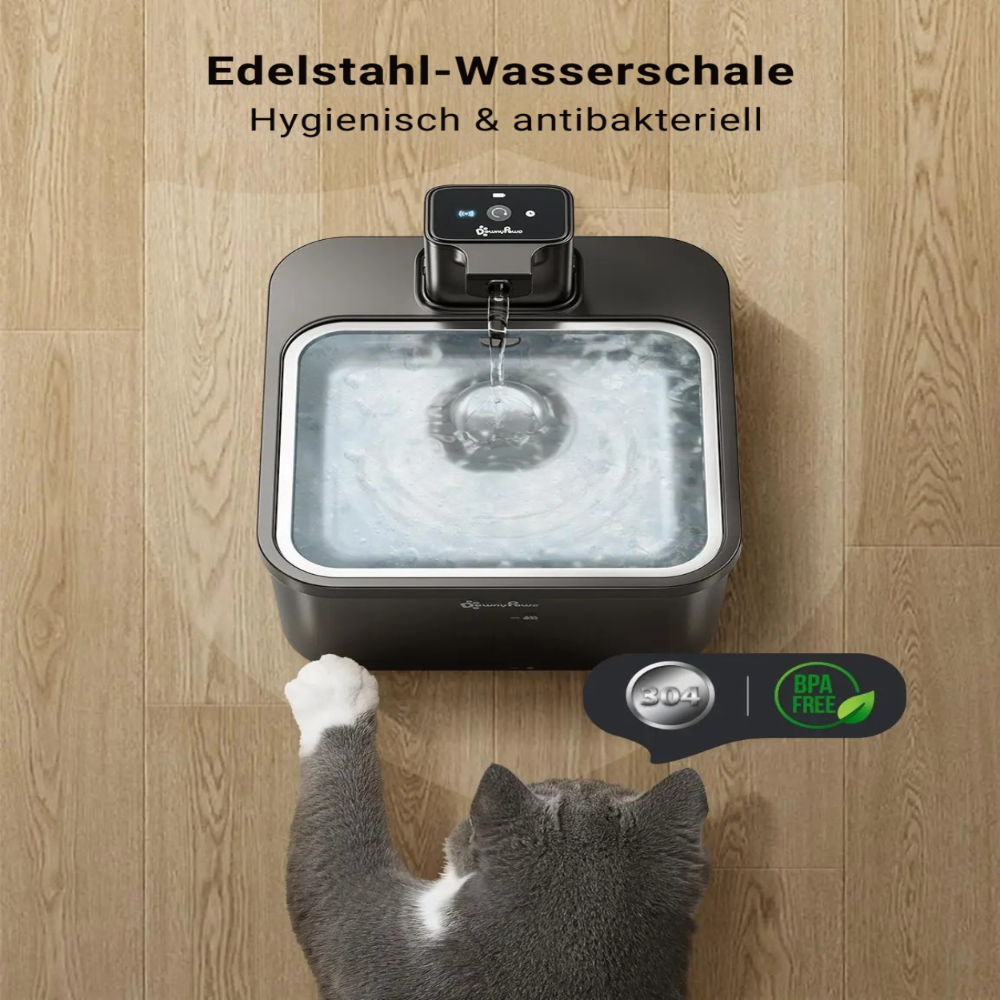 Automatischer Edelstahl Katzenbrunnen 2,5L kabellos mit Akku und Sensor, leiser Wasserspender für Katzen