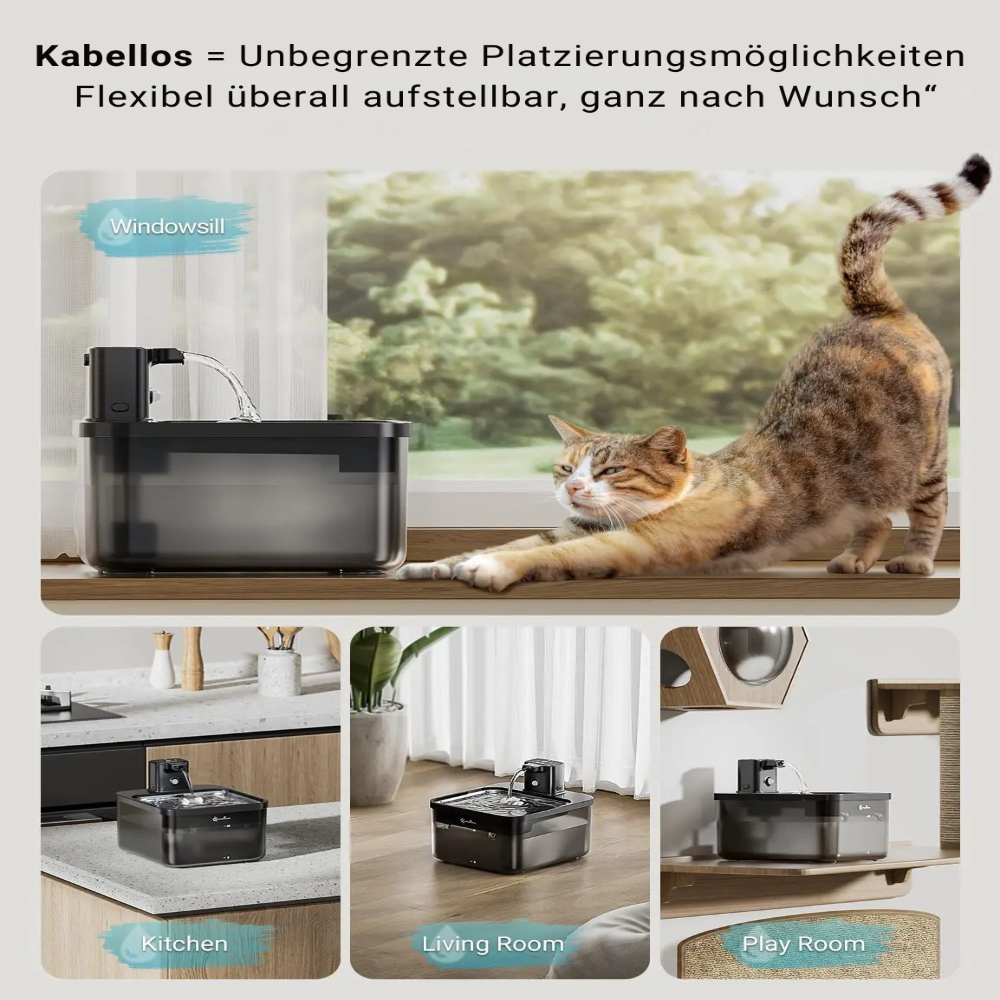 Automatischer Edelstahl Katzenbrunnen 2,5L kabellos mit Akku und Sensor, leiser Wasserspender für Katzen