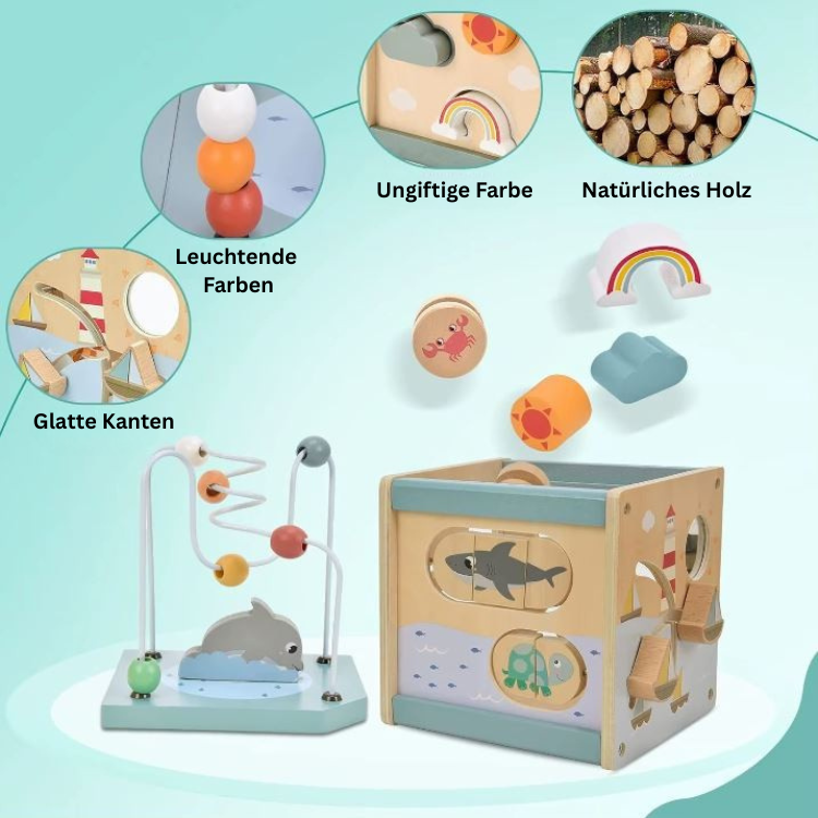 Montessori Motorikwürfel aus Holz – Lernspielzeug für Kleinkinder